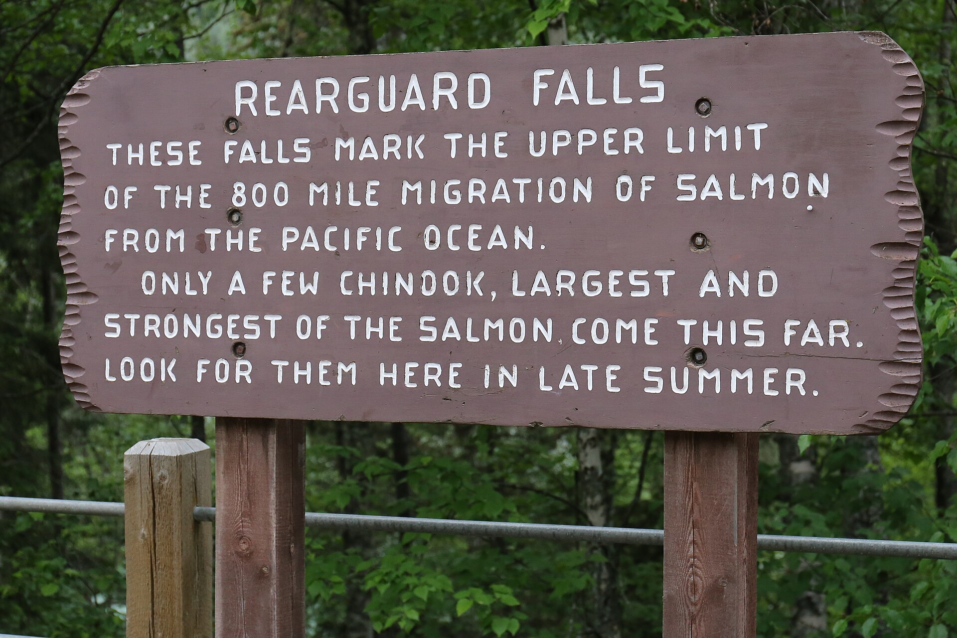 Interpretive sign at Rearguard Falls describing the salmon migration limit