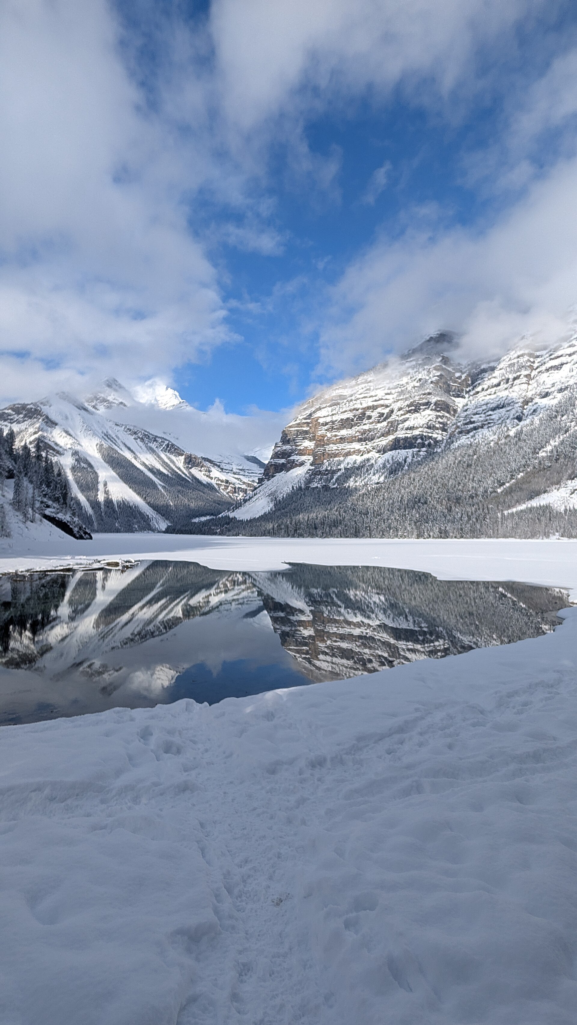 Snow along Kinney Lake’s shore