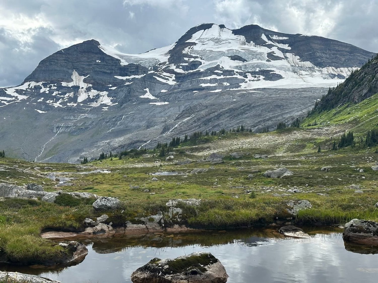 Kristi Glacier above rocky slopes, alpine vegetation and shallow pools