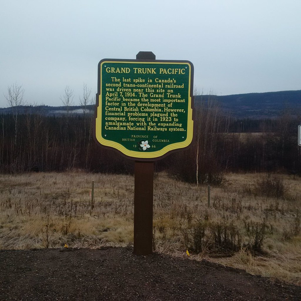 Grand Trunk Pacific last-spike roadside marker near Fort Fraser