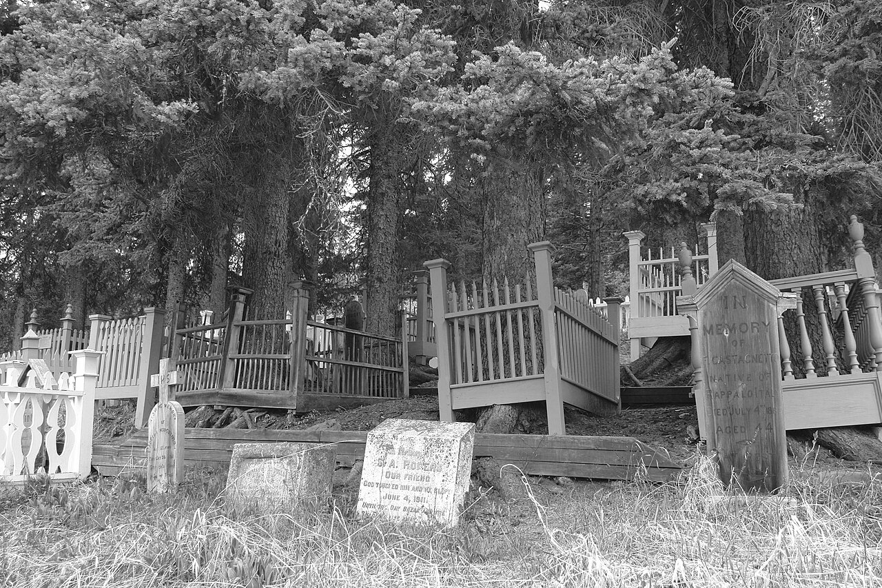 Grave markers and wooden grave enclosures beneath conifers in Barkerville cemetery