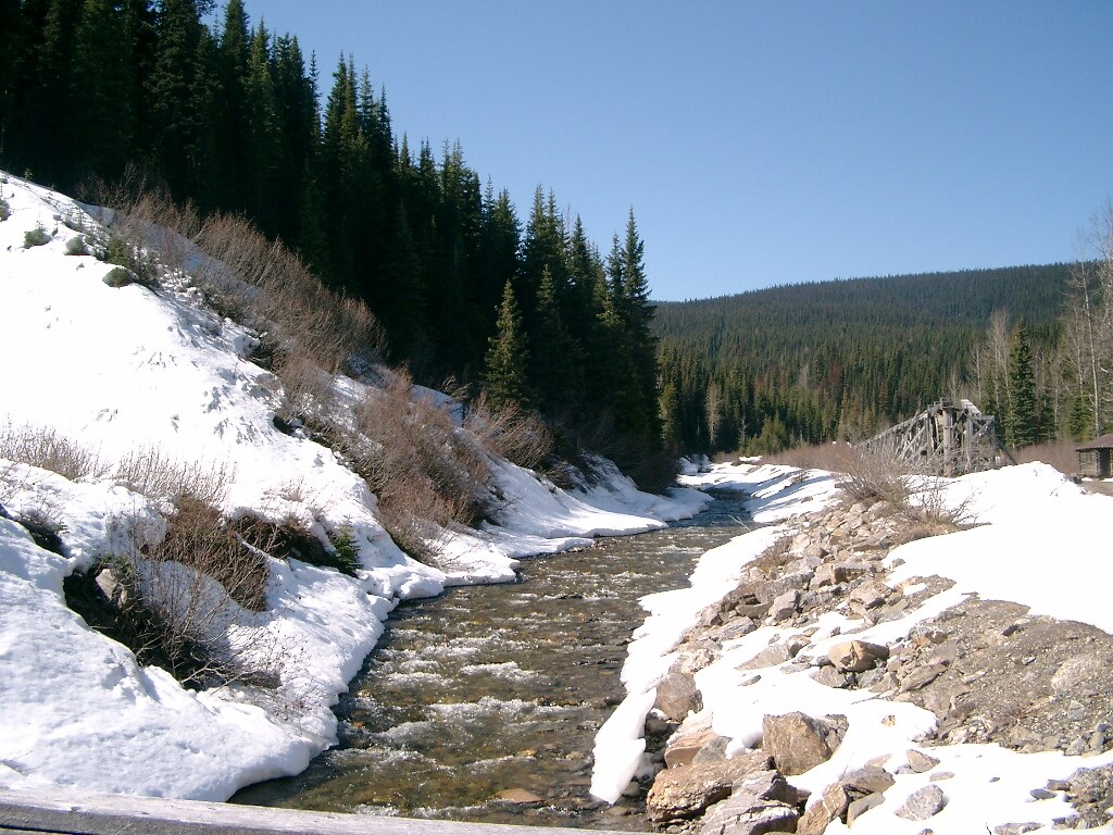 An open creek between snowy banks and conifer-covered slopes beside Barkerville
