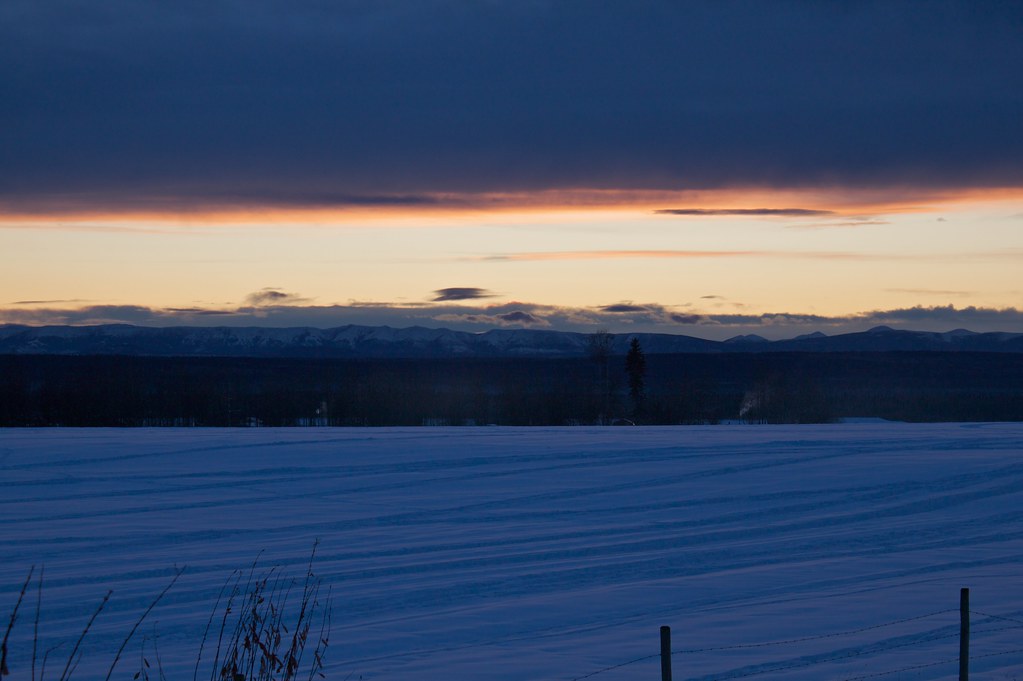 A distant view of Butler Ridge at sunset