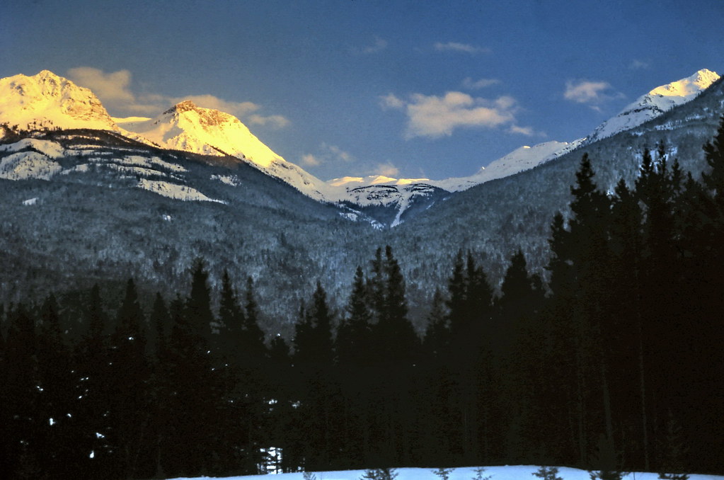 A historical winter view of Mount Terry Fox from a highway stop north of Valemount