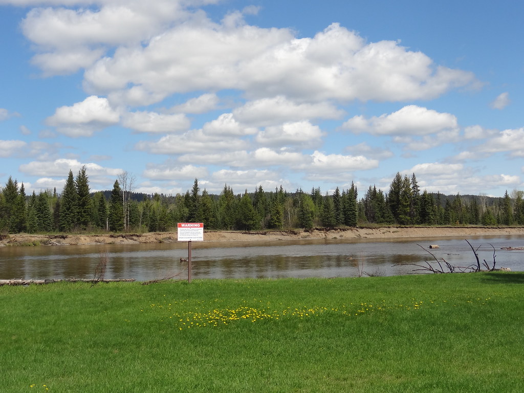 The Nechako River beside the open grass at Wilkins Park